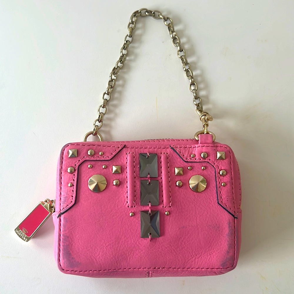 Juicy Couture Pink Leather Wristlet Gold chain & zipper pull 4”tall,5”wideX 1.5”
